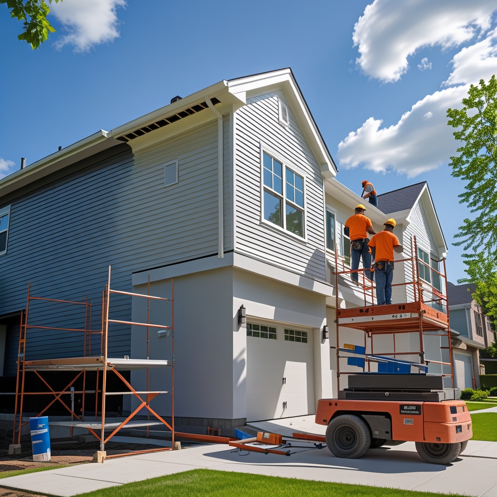 Professional home improvement contractor performing siding installation on residential home exterior